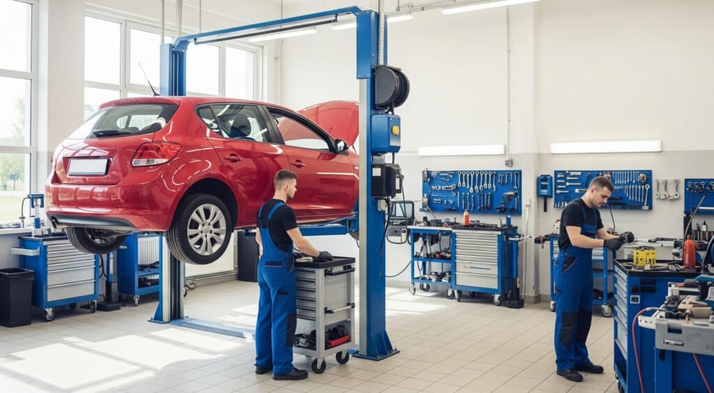 Autohuolto Helsingissä työn touhussa.
